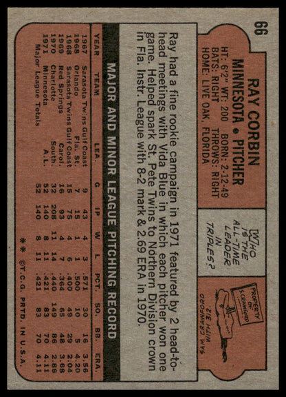 1972 Topps #66 Ray Corbin Minnesota Twins Rookie Near Mint
