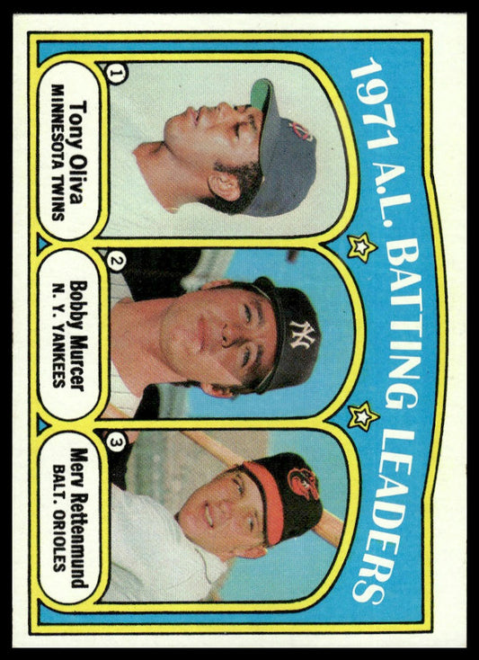1972 Topps #86 A.L. Batting Leaders (Oliva / Murcer / Rettenmund) NM
