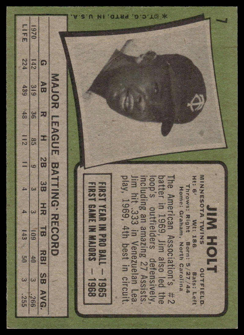 1971 Topps #7 Jim Holt Minnesota Twins Rookie Excellent