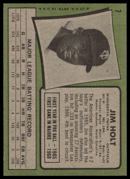 1971 Topps #7 Jim Holt Minnesota Twins Rookie Excellent