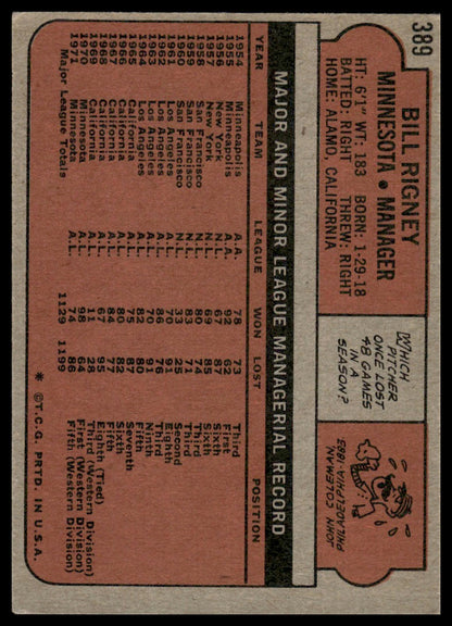 1972 Topps #389 Bill Rigney Minnesota Twins Very Good