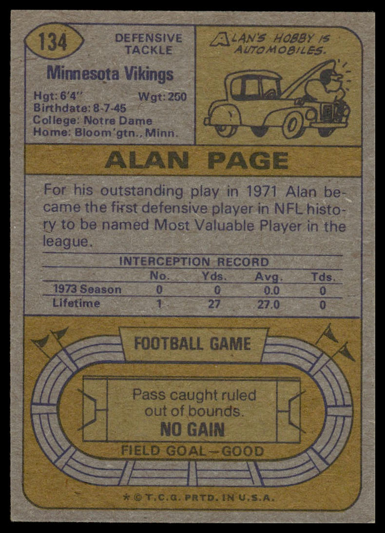 1974 Topps #134 Alan Page Minnesota Vikings Excellent