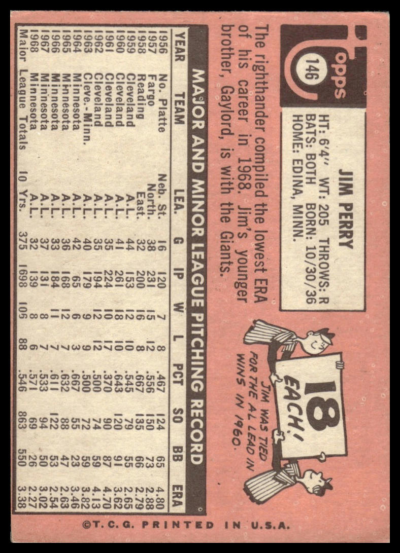 1969 Topps #146 Jim Perry Minnesota Twins Very Good