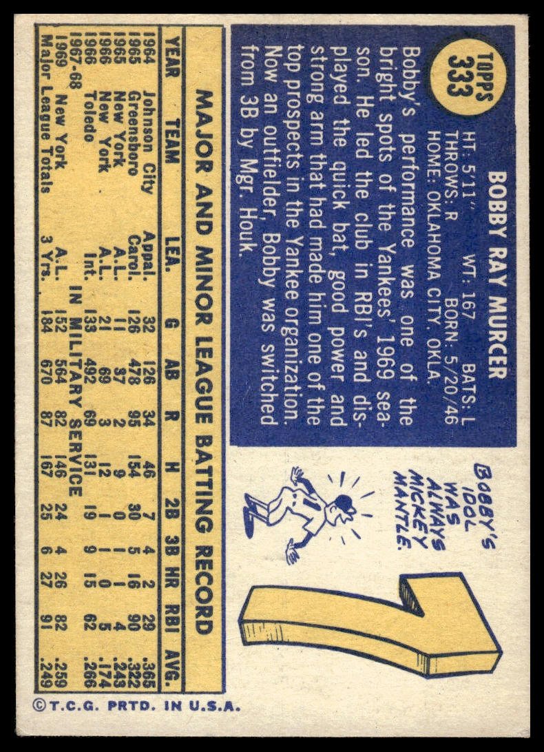 1970 Topps #333 Bobby Murcer New York Yankees EX Centered