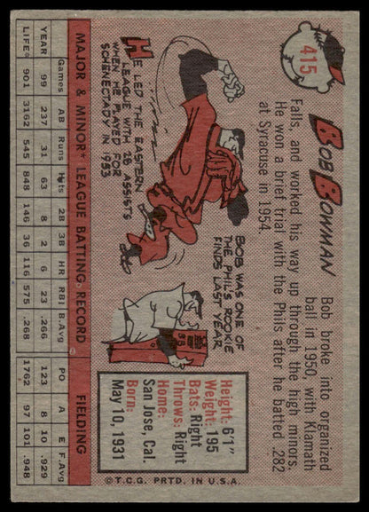1958 Topps #415 Bob Bowman Philadelphia Phillies Fair