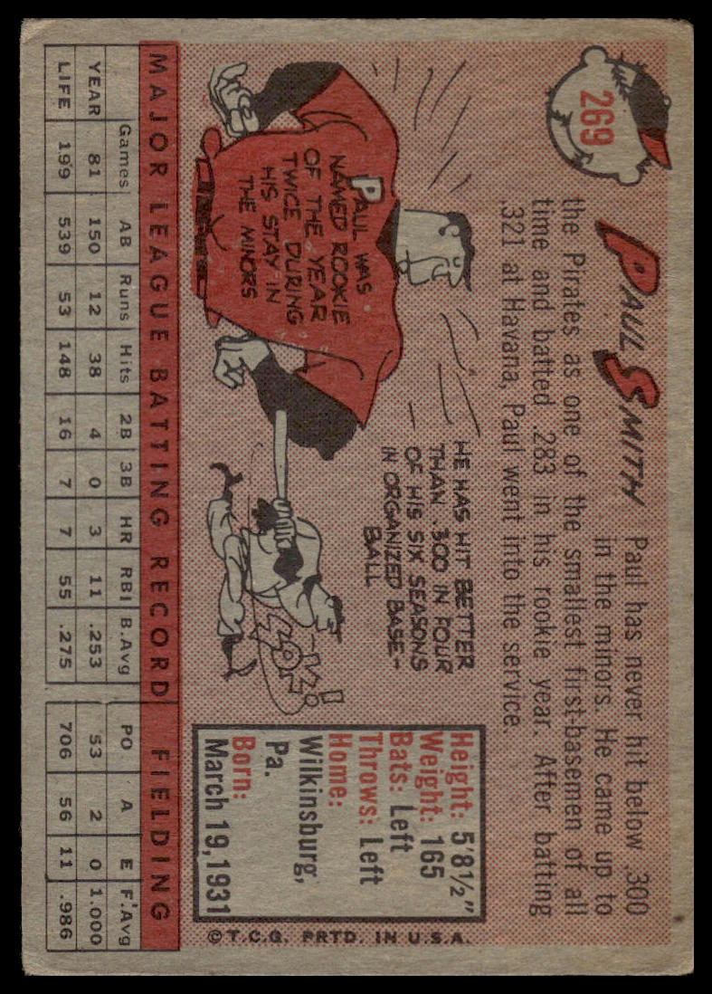 1958 Topps #269 Paul Smith Pittsburgh Pirates Very Good