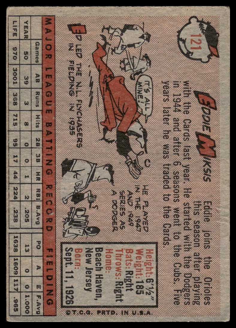 1958 Topps #121 Eddie Miksis Baltimore Orioles Very Good