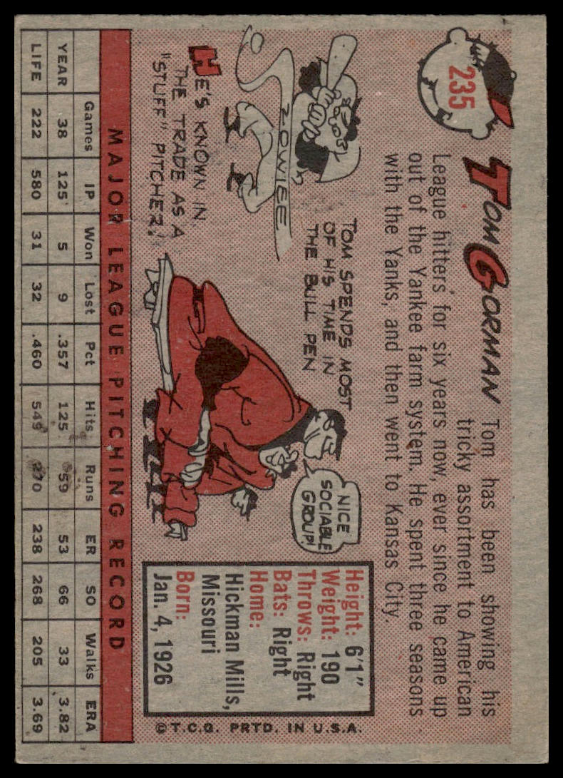 1958 Topps #235 Tom Gorman Kansas City Athletics Very Good