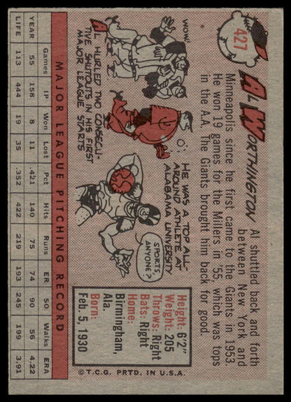 1958 Topps #427 Al Worthington San Francisco Giants Very Good