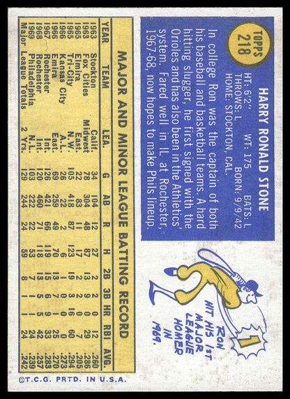 1970 Topps #218 Ron Stone Philadelphia Phillies Excellent Centered