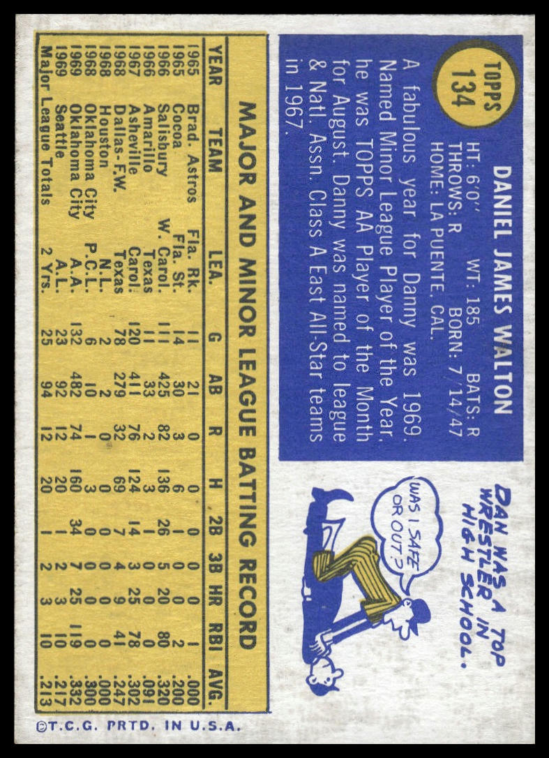 1970 Topps #134 Danny Walton Seattle Pilots Rookie EX-NM