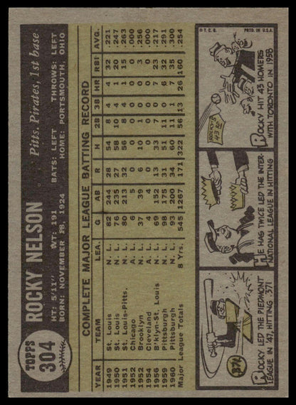 1961 Topps #304 Rocky Nelson Pittsburgh Pirates Excellent