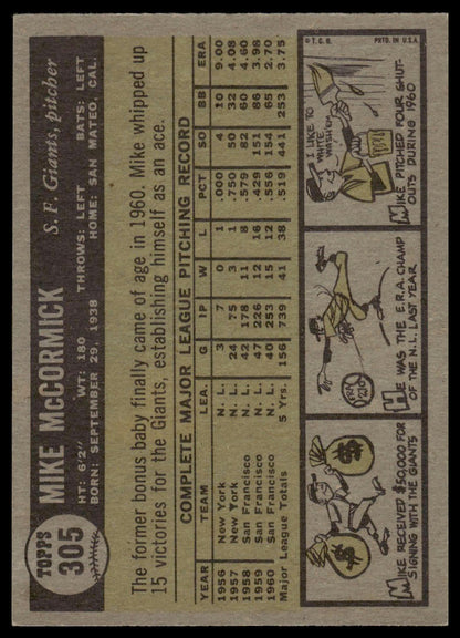 1961 Topps #305 Mike McCormick San Francisco Giants VG-EX