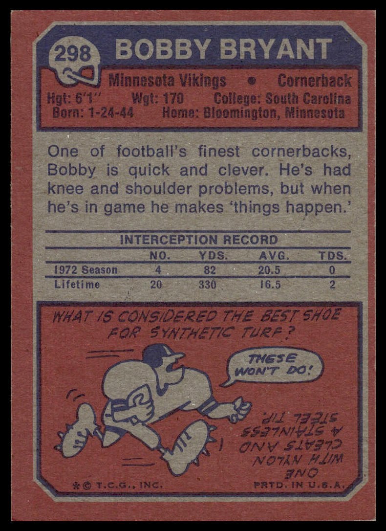 1973 Topps #298 Bobby Bryant Minnesota Vikings Rookie Excellent