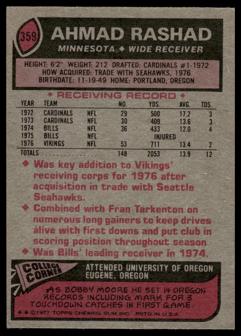 1977 Topps #359 Ahmad Rashad Minnesota Vikings VG-EX