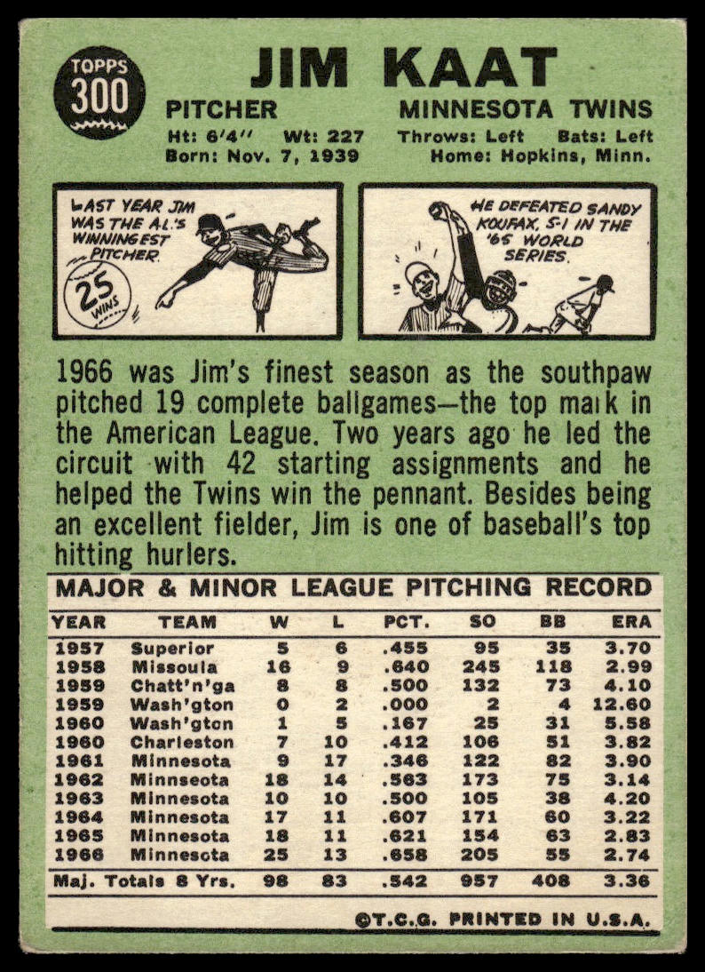 1967 Topps #300 Jim Kaat Minnesota Twins VG-EX