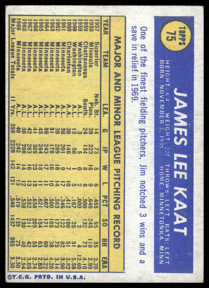 1970 Topps #75 Jim Kaat Minnesota Twins VG-EX