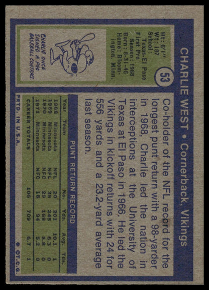 1972 Topps #53 Charlie West Minnesota Vikings Rookie Excellent