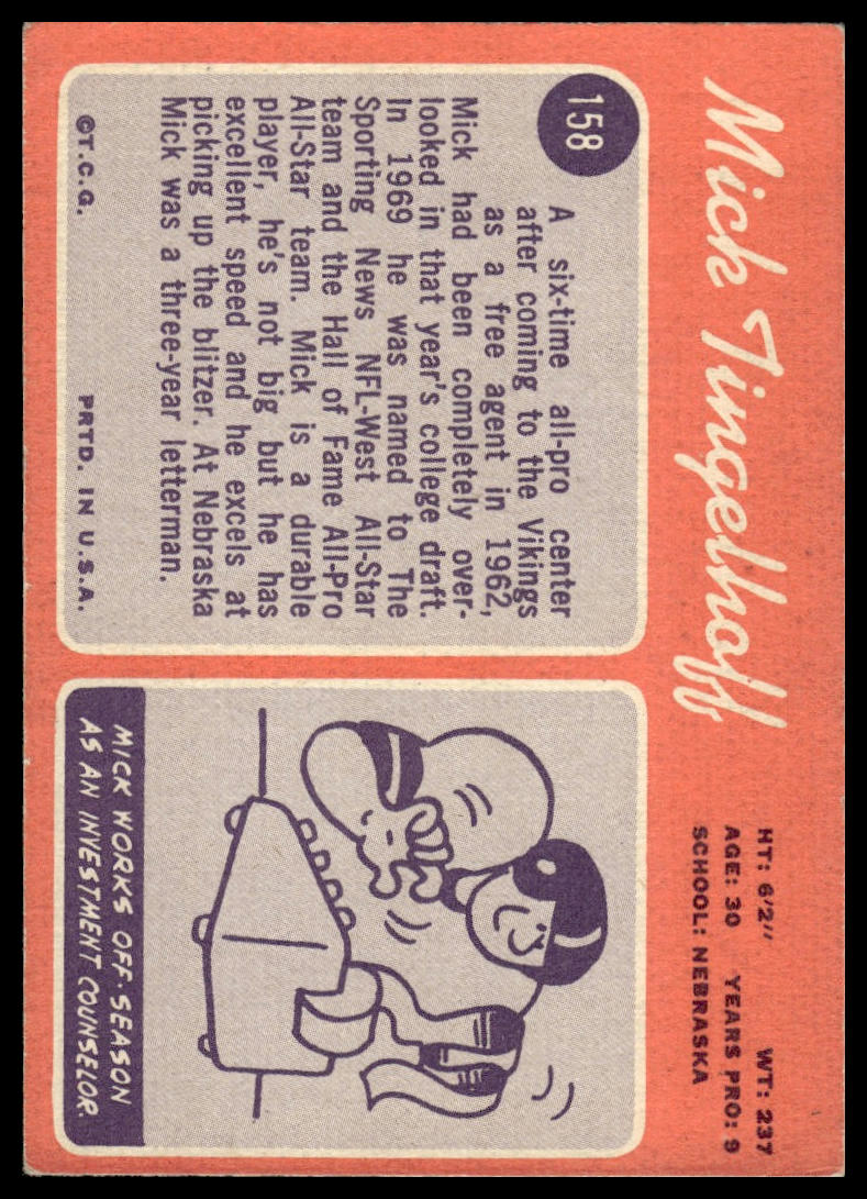 1970 Topps #158 Mick Tingelhoff Minnesota Vikings VG-EX
