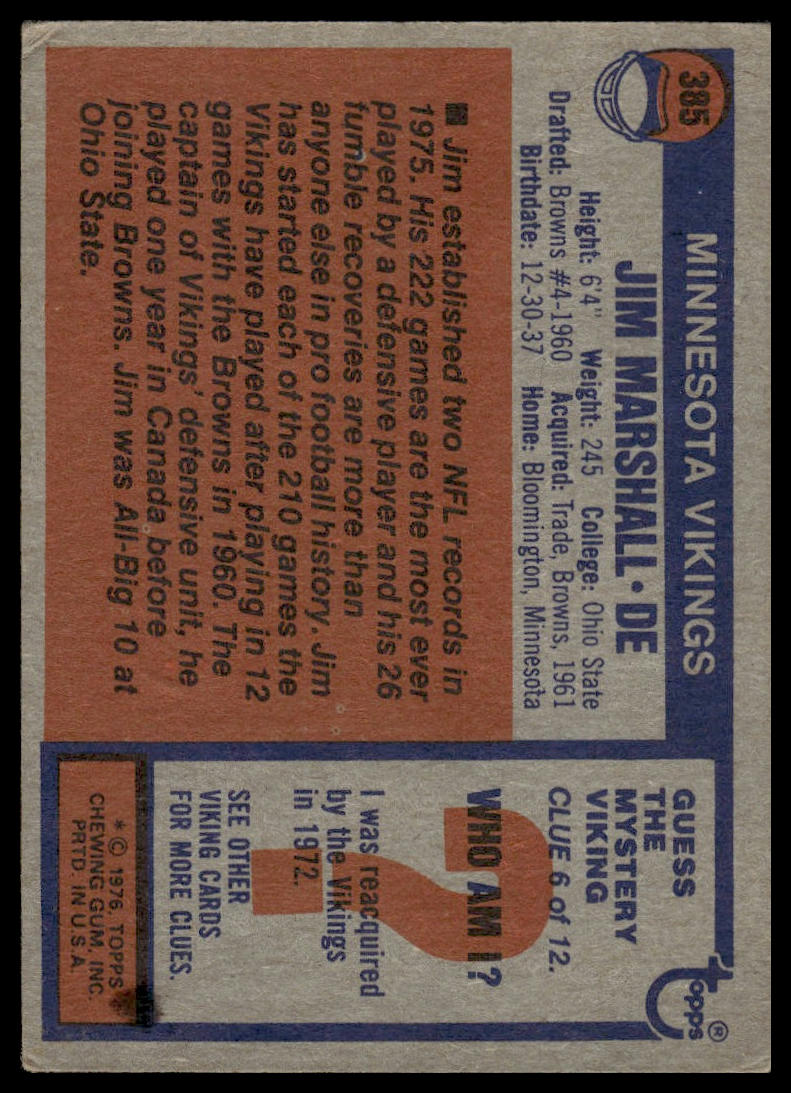 1976 Topps #385 Jim Marshall Minnesota Vikings Very Good