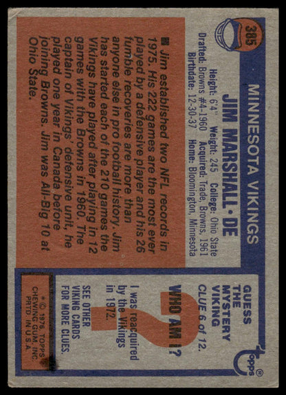 1976 Topps #385 Jim Marshall Minnesota Vikings Very Good