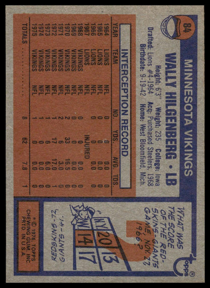 1976 Topps #84 Wally Hilgenberg Minnesota Vikings EX-NM