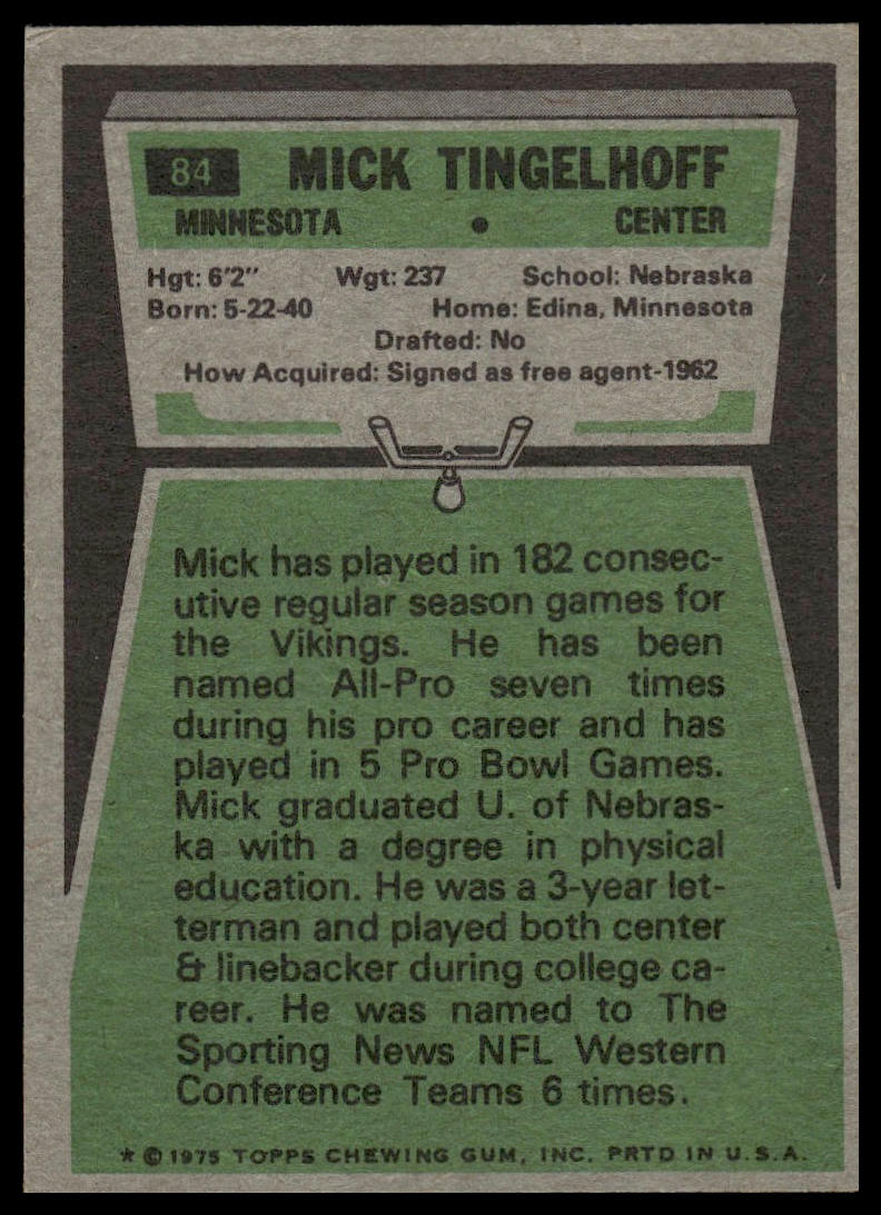 1975 Topps #84 Mick Tingelhoff Minnesota Vikings Excellent