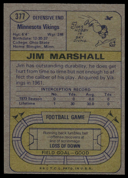 1974 Topps #377 Jim Marshall Minnesota Vikings EX-NM