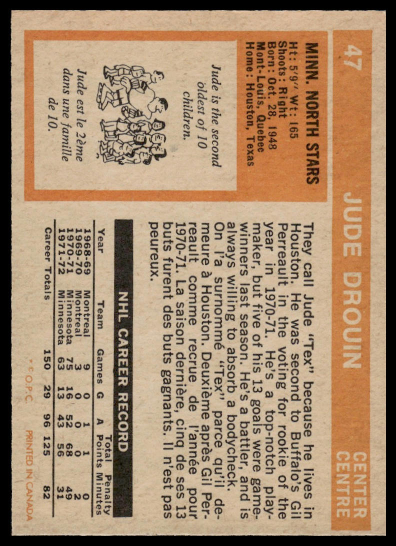 1972-73 Topps #153 Jude Drouin Minnesota North Stars Excellent