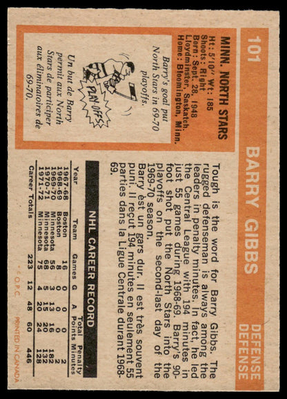1972-73 O-Pee-Chee #101 Barry Gibbs Minnesota North Stars Rookie Excellent