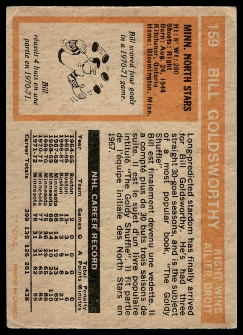 1972-73 O-Pee-Chee #159 Bill Goldsworthy Minnesota North Stars VG-EX