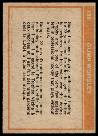 1972-73 O-Pee-Chee #189 Gump Worsley Minnesota North Stars Very Good