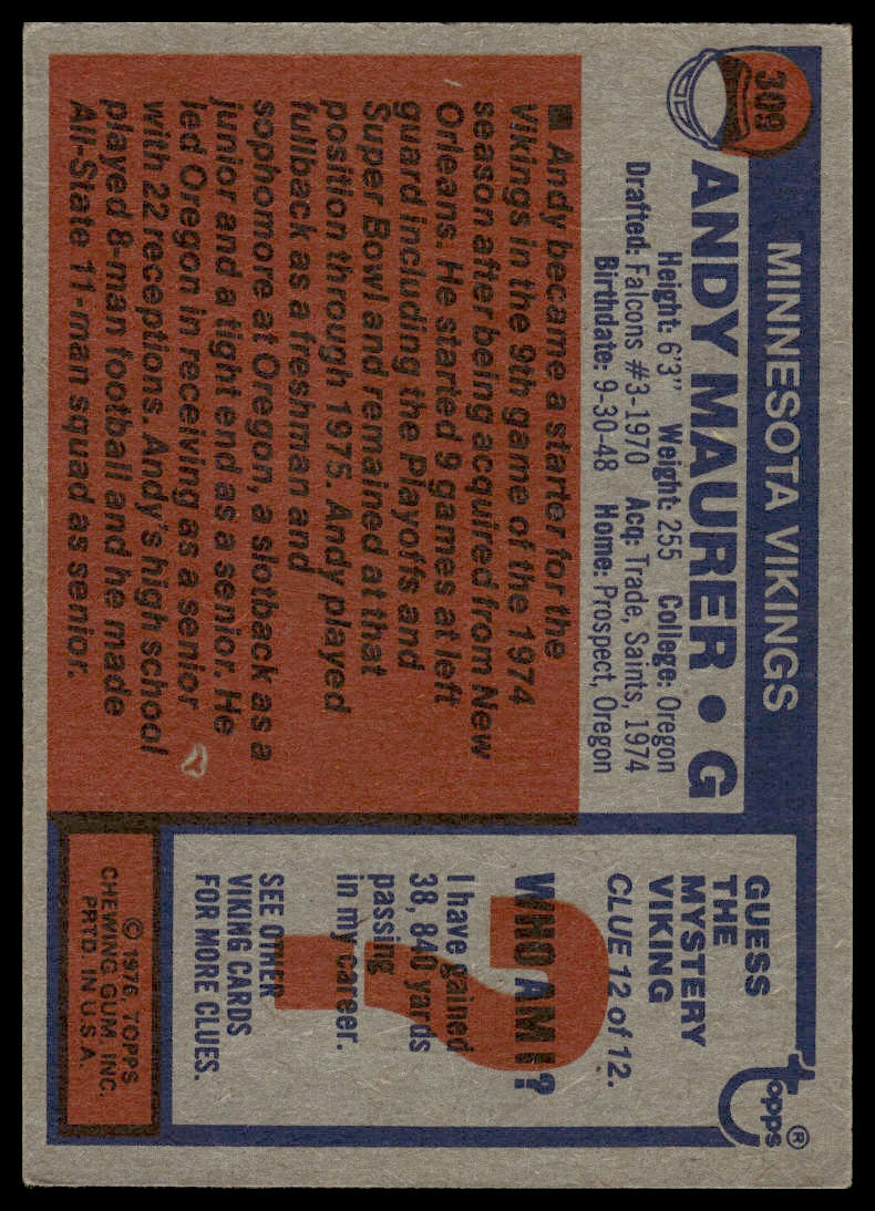 1976 Topps #309 Andy Maurer Minnesota Vikings VG-EX Centered!