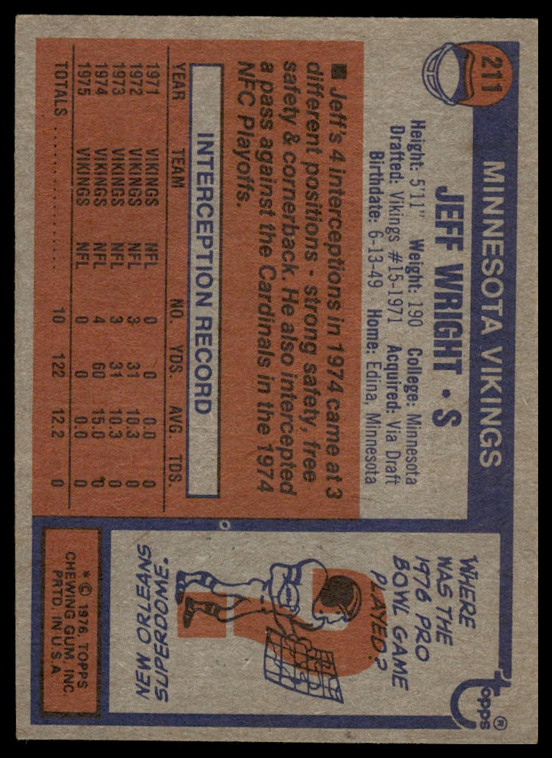 1976 Topps #211 Jeff Wright Minnesota Vikings Rookie Very Good