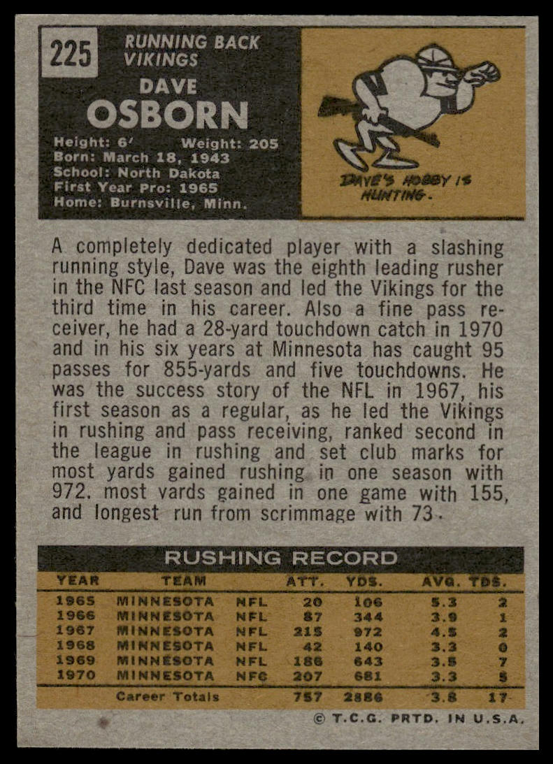 1971 Topps #225 Dave Osborn Minnesota Vikings Excellent
