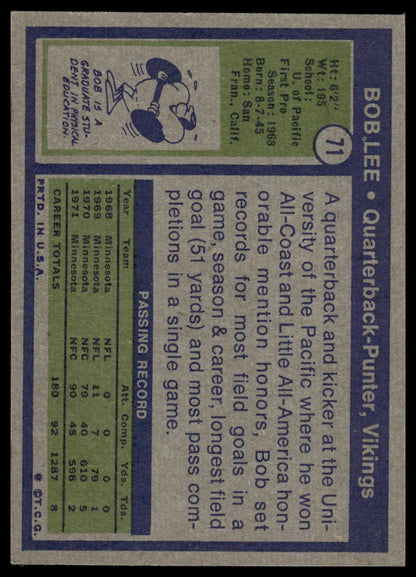 1972 Topps #71 Bob Lee Minnesota Vikings Rookie VG