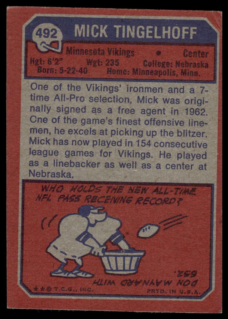 1973 Topps #492 Mick Tingelhoff Minnesota Vikings VG