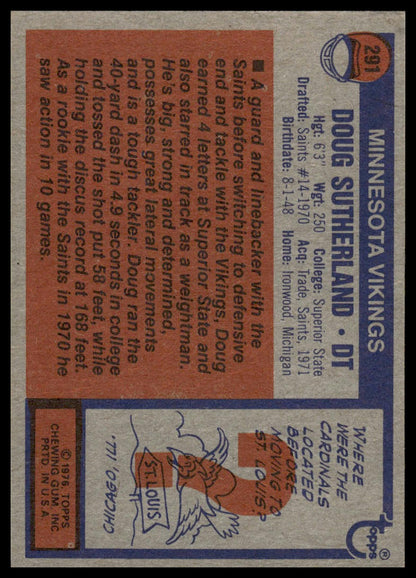 1976 Topps #291 Doug Sutherland Minnesota Vikings Rookie VG-EX Centered