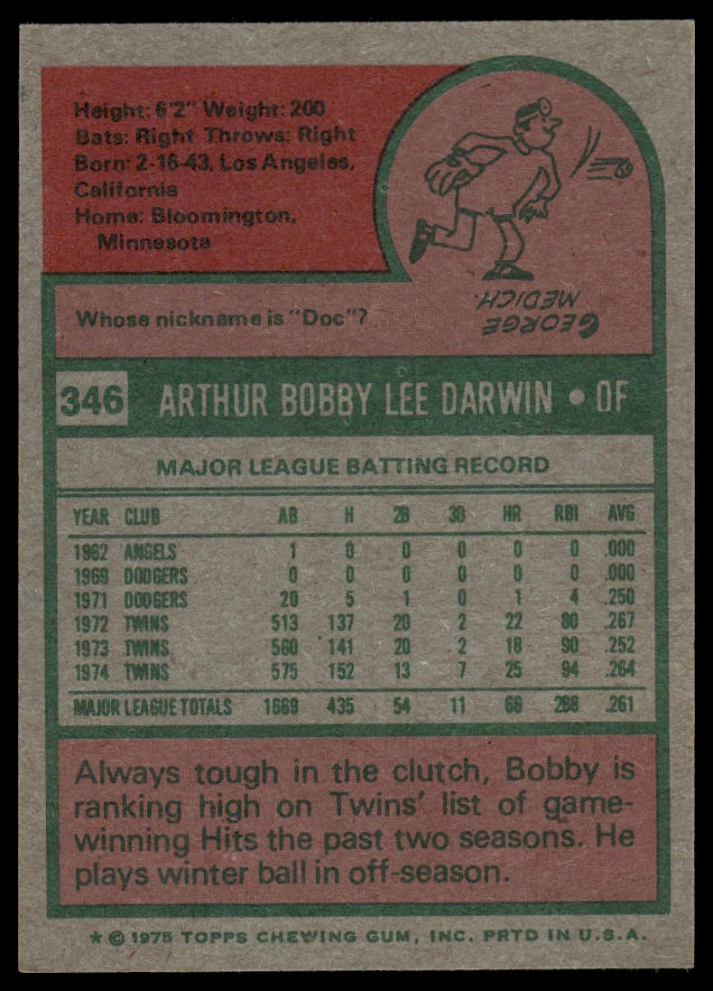1975 Topps #346 Bobby Darwin Minnesota Twins VG-EX