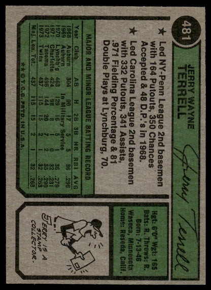 1974 Topps #481 Jerry Terrell Minnesota Twins Rookie VG-EX