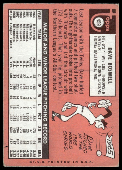 1969 Topps #459 Dave Boswell Minnesota Twins Very Good