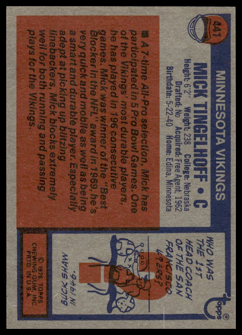 1976 Topps #441 Mick Tingelhoff Minnesota Vikings Excellent