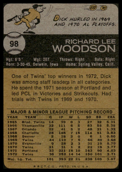 1973 Topps #98 Dick Woodson Minnesota Twins VG-EX