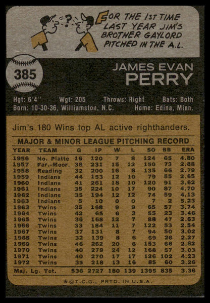 1973 Topps #385 Jim Perry Minnesota Twins Excellent
