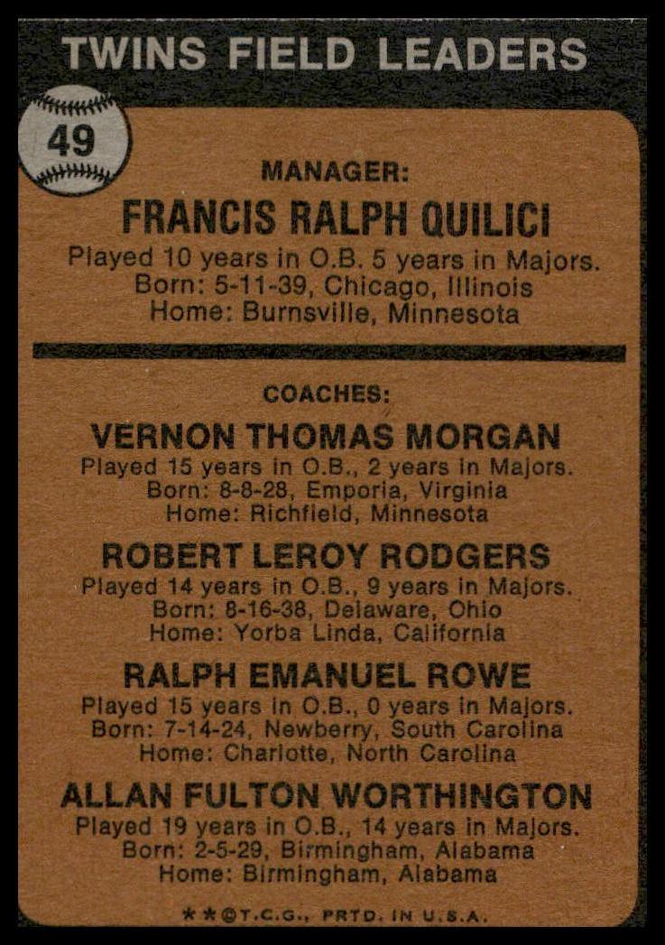 1973 Topps #49a Frank Quilici Minnesota Twins EX
