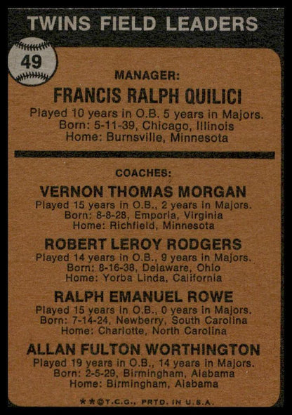 1973 Topps #49a Frank Quilici Minnesota Twins EX