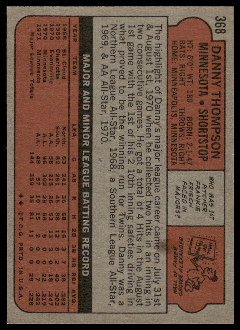 1972 Topps #368 Danny Thompson Minnesota Twins EX-NM