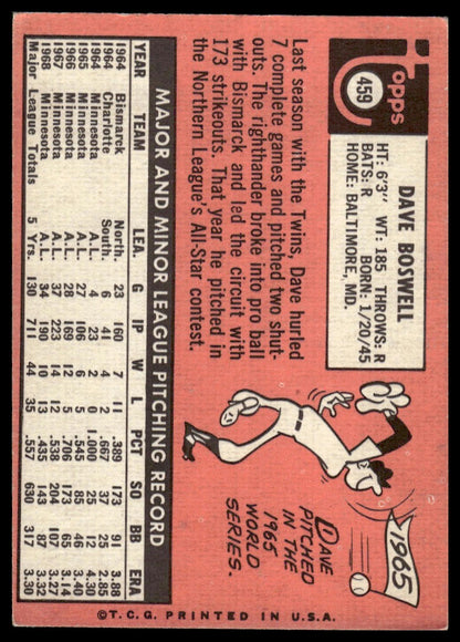 1969 Topps #459 Dave Boswell Minnesota Twins VG-EX