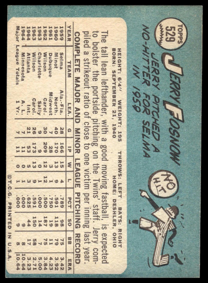 1965 Topps #529 Jerry Fosnow Minnesota Twins Rookie VG