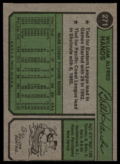 1974 Topps #271 Bill Hands Minnesota Twins Excellent